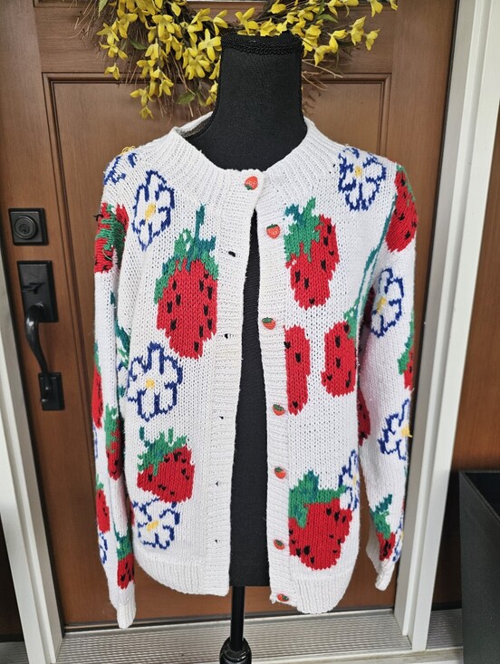 The Eagles Eye Sweaters - Vintage Strawberry Print White Knit Cardigan Sweater